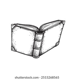 Vintage open book in hand drawn sketch style. Education, religion, magical, historical symbol. Vector illustration isolated on white.