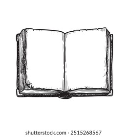 Vintage open book in hand drawn sketch style. Education, religion, magical, historical symbol. Vector illustration isolated on white.