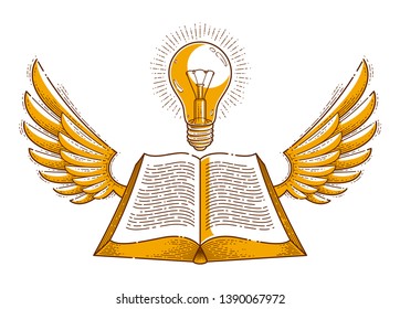 Vintage open book with idea light bulb and wings vector graphic design element, science and education literature concept, logo or icon or emblem trendy linear style.
