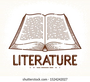 Vintage open book vector graphic design element, literature and reading theme, logo or icon or emblem trendy linear style.