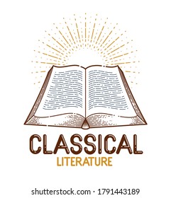 Vintage open book vector graphic design element, literature and reading theme, logo or icon or emblem trendy linear style.