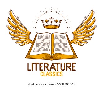 Vintage open book with wings vector graphic design element, literature and reading theme, logo or icon or emblem trendy linear style.