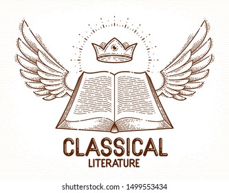 Vintage open book with wings vector graphic design element, literature and reading theme, logo or icon or emblem trendy linear style.