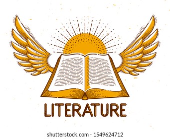 Vintage open book with wings vector graphic design element, literature and reading theme, logo or icon or emblem trendy linear style.