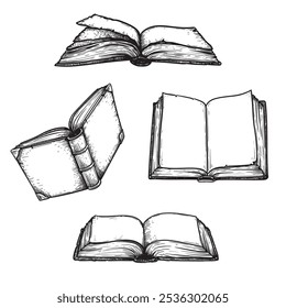 Conjunto de bocetos de libros abiertos de Antiguas. Biblioteca dibujada a mano, librería, educación, colección de símbolos literarios. Ilustraciones vectoriales.