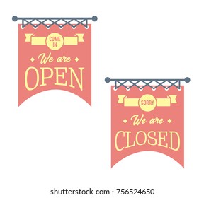 Vintage open and closed business signs. Red banners on white background
