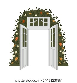 Vintage open doors with greenery and flowers. Background for invitation, illustration, vector