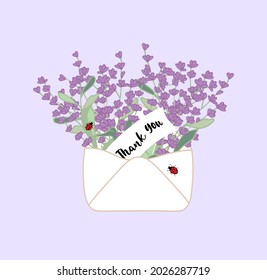 Vintage open envelope with hand drawn lavender flowers and ladybug with quote thank you. Cute stock vector illustration in simple cartoon style. Thank you card.