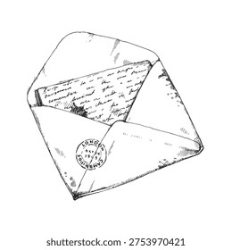Vintage open envelope with old letter sketch. Detailed hand drawn antique mail with postmark and handwritten text. Dark academia aesthetic ink illustration.