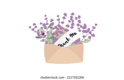 Vintage open light brown envelope with hand drawn lavender flowers and ladybug with quote thank you. Cute stock vector illustration in simple cartoon style. Thank you card.