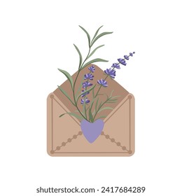 Vintage open light brown envelope with hand drawn lavender flowers. Thank you card. Vector illustration in flat style