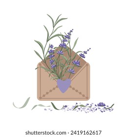Sobre marrón claro vintage con flores de lavanda dibujadas a mano. Gracias, tarjeta. Ilustración vectorial en estilo plano