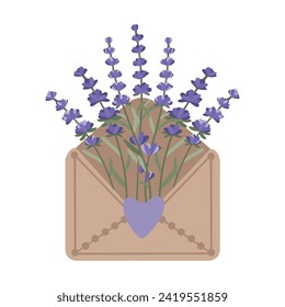 Vintage open light brown envelope with hand drawn lavender flowers and heart. Thank you card. Vector illustration in flat style