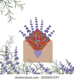 Vintage open light brown envelope with hand drawn lavender flowers and heart. Thank you card. Vector illustration in flat style