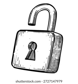 vintage open padlock vector line art hand drawn illustration