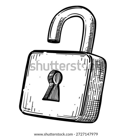 vintage open padlock vector line art hand drawn illustration