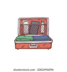 Vintage open travel suitcase with folded clothes, cartoon hand drawn vector illustration isolated on white background. Travel luggage packed for trip in old suitcase.