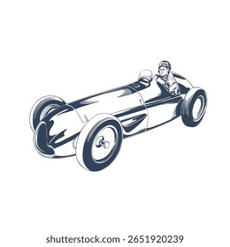 Vintage open-wheel race car with driver wearing helmet and goggles, rear side view retro motorsport hand-drawn illustration