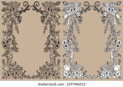 Vintage openwork flower frame vertical spring card vector. Black and white flowering branches.