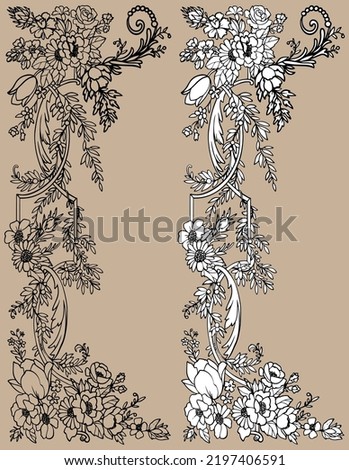 Vintage openwork flower frame vertical spring card vector. Black and white flowering branches.