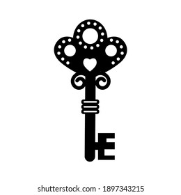 Vintage openwork key template, black stencil, vector illustration, icon, laser cut, decor, design, decoration