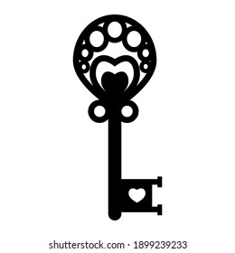 Vintage openwork key template, black stencil, vector illustration, icon, laser cut, decor, design, decoration