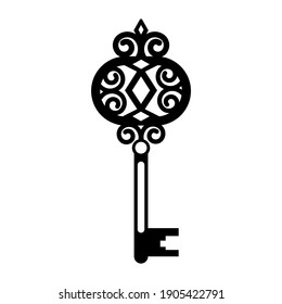 Vintage openwork key template, black stencil, vector illustration, icon, laser cut, decor, design, decoration