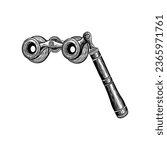 Vintage opera glasses sketch style vector illustration. Imitation of old hand carvings. black and white vintage antique object