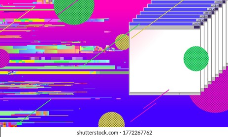 Vintage-Betriebssystem Desktop-Fenster glitch und Fehler digitale Elemente mit Pop abstrakter Form, Vaporwave-visuelle nostalgische Hintergrund-Vorlage