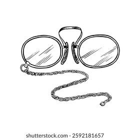 Vintage optical glasses. A hand-drawn vector graphic illustration. Black and white image of a men s accessory. Separate from the background. Perfect for banners, flyers, packages, labels, invitations