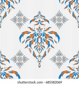Vintage orange and blue seamless pattern, abstract ornament brocade textile pattern, motley stylized elements on white background.