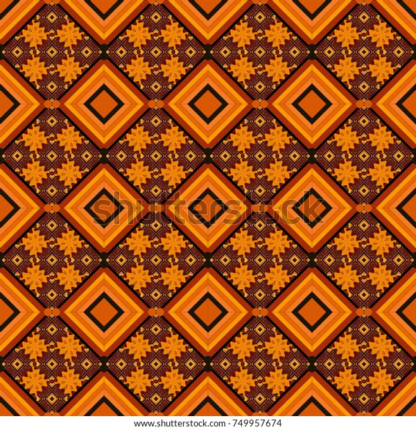 Vintage orange, brown and black backgrounds with geometric and simple floral elements. Vector illustration. Retro seamless wallpaper pattern.