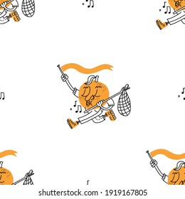 Vintage Orange Character Running with Banner. Seamless Repeat Vector Pattern.