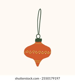 Vintage orange Christmas toy with decorative patterns. Vector hand drawn illustration in freehand style