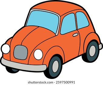 Vintage orange compact car with rounded design in a fun cartoon style.