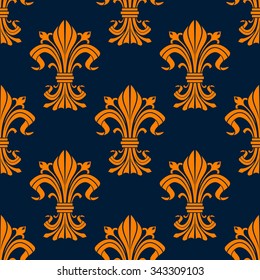 Vintage orange fleur-de-lis seamless floral pattern with stylized compositions of lily flowers and curly leaves on blue background. For interior or textile design