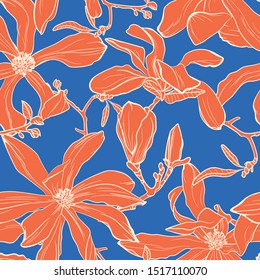 Vintage orange magnolia blooming flowers branch with leaves on blue background. Spring summer floral seamless pattern.
