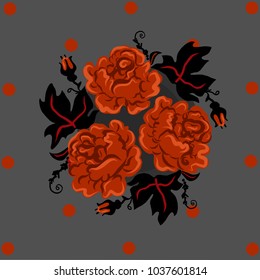 Vintage orange roses and black leafes in circle. card fabric and print proposition. modern interpritation of old traditional ornaments. vector illustration, gray background in orange peas