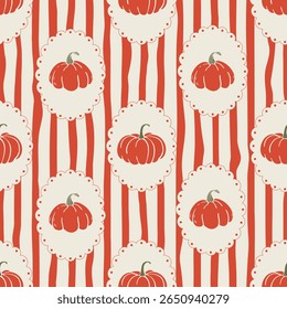 Padrão sem emenda laranja vintage com abóboras no plano de fundo listrado. Projetado para impressão, tecido, papel de parede, papel de embrulho
