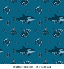 Vintage Orcas, Stingrays, and Crabs on Deep Blue Pattern. Hand-drawn orcas, stingrays, crabs, and sea elements in shades of blue vintage marine-inspired pattern, perfect for ocean and nautical themes.