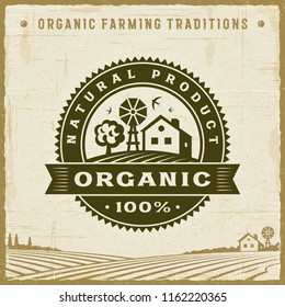 Vintage Organic 100% Natural Product Label. Editable EPS10 vector illustration with clipping mask and transparency in retro woodcut style.