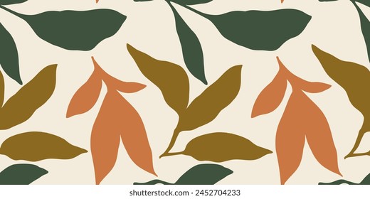 Vintage organic botanical seamless pattern. Natural hand drawn design with leaves branch. Simple contemporary vector illustration. Design for fabric, print, cover, banner, wallpaper.