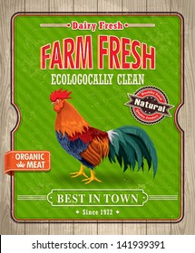 Vintage organic farm fresh rooster poster design