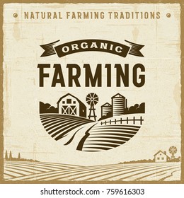 Vintage Organic Farming Label. Editable EPS10 vector illustration with clipping mask and transparency in retro woodcut style.