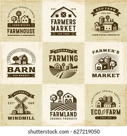 Vintage Organic Farming Labels Set. Editable EPS10 vector illustration in retro woodcut style with clipping mask and transparency.