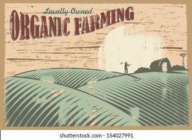 Vintage Organic Farming Sign. Farmer Working At Farm, Vector