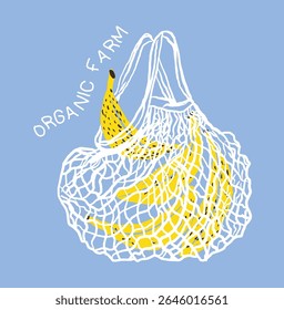 Vintage Organic fruit market. Fashion fruit print design. Organic food artwork for for t-shirt. Net shopping bag for fruit artwork. Vector print design