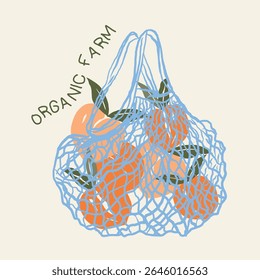 Vintage Organic fruit market. Fashion fruit print design. Organic food artwork for for t-shirt. Net shopping bag for fruit artwork. Vector print design