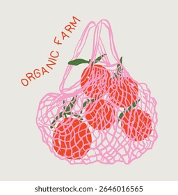 Vintage Organic fruit market. Fashion fruit print design. Organic food artwork for for t-shirt. Net shopping bag for fruit artwork. Vector print design