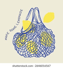 Vintage Organic fruit market. Fashion fruit print design. Organic food artwork for for t-shirt. Net shopping bag for fruit artwork. Vector print design